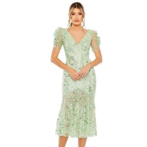 Mac Duggal Mint Green Embellished Midi Dress Women's Sz 12 Beaded Puff Sleeve